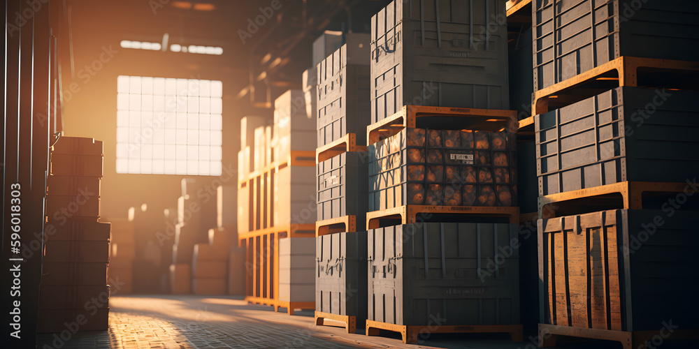 Concept banner center of logistic storage. Forklift with box working in Warehouse industrial premises for storing materials and wood. Generation AI