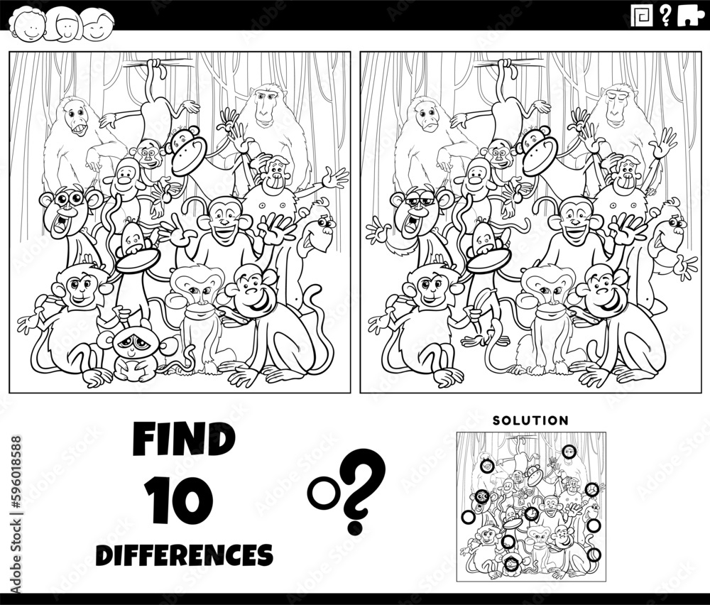 Obraz premium differences game with cartoon monkeys coloring page