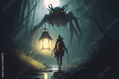 Brave hero lights way with lantern standing in front of a giant spider in a forest, created with Generative Ai Technology © pham