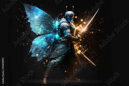 Fotomurale A man in armor holding a sword with butterflies flying around him, butterflies