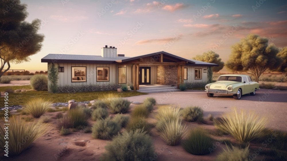 Ranch exterior house design in daytime golden hour generative ai Ranch exterior house design in daytime golden hour generative ai