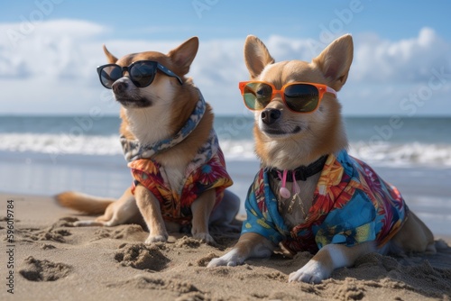 A couple of dogs sitting on a sandy beach wearing sunglasses and Hawaii shirts, created with Generative Ai Technology © pham