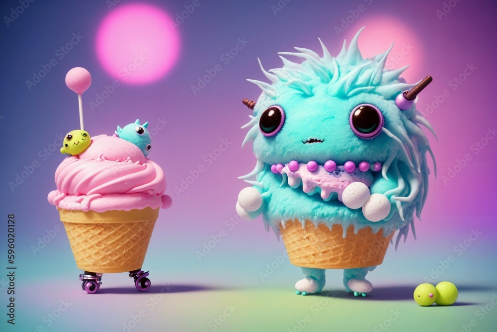 Naklejka premium Cute ice cream monsters. Generative AI.