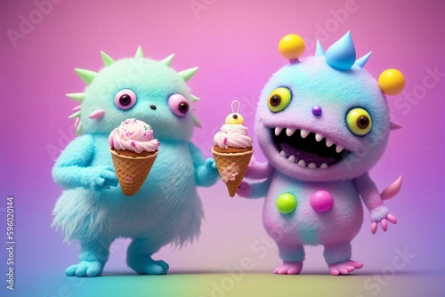 Cute ice cream monsters. Generative AI. © Justin