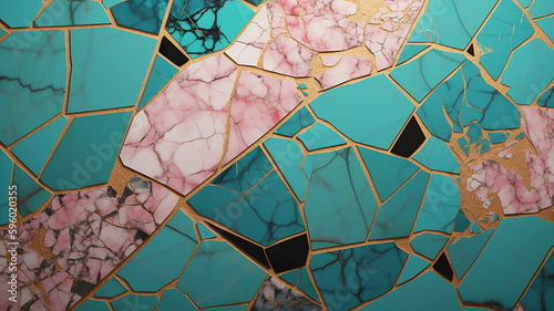 pink and turqoiuse black marble mosaic with golden veins, japanese kintsugi technique, fake painted artificial stone texture, marbled wallpaper. Generative AI photo