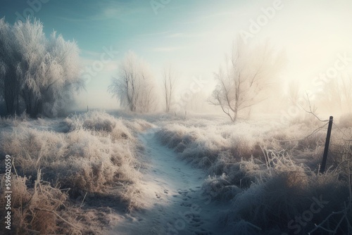 Illustration of frigid American winter landscape. Generative AI © Thisbe