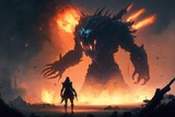 Fire breathes explode from a giant monster in the night fighting against a knight, created with Generative Ai Technology