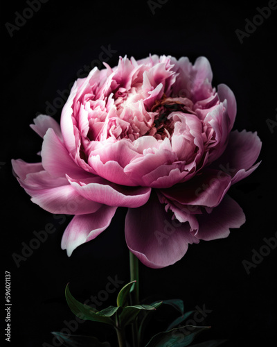Beautiful pink peony flower on black background. Close up. 