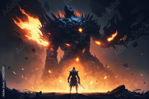 Fire breathes explode from a giant monster in the night fighting against a knight, created with Generative Ai Technology