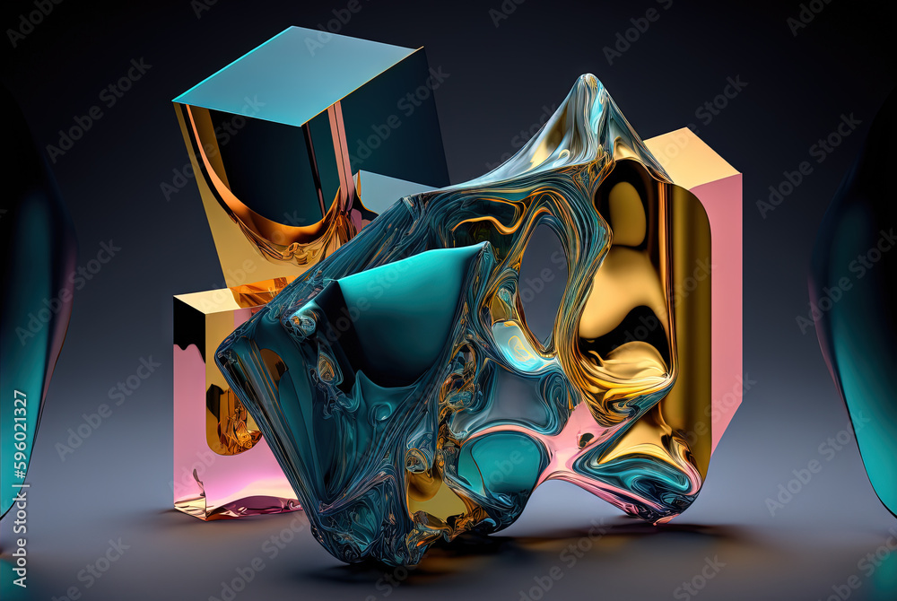 Abstract background with free 3D golden shapes, flowing and melting in ...