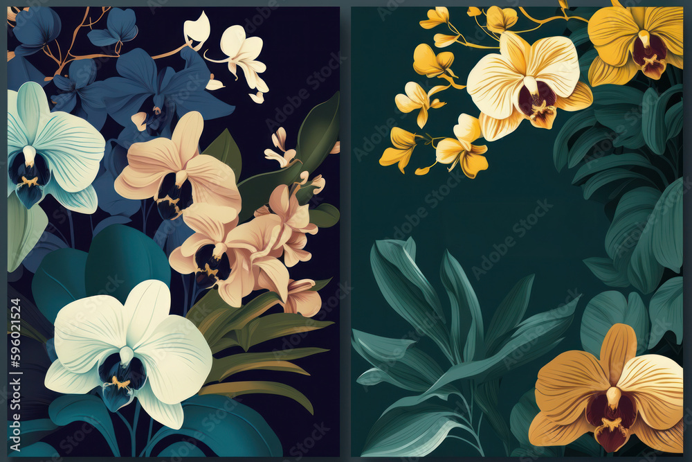 Set of two vertical floral backgrounds with orchids and tropical leaves, generative Ai