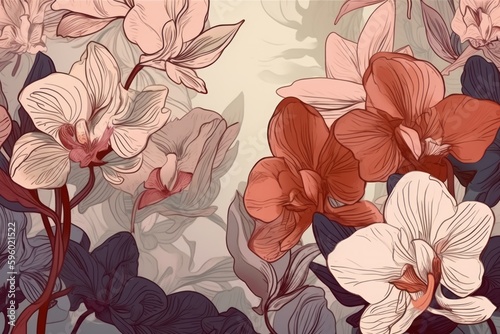 Vintage vector background with orchids. Hand-drawn illustration  generative Ai
