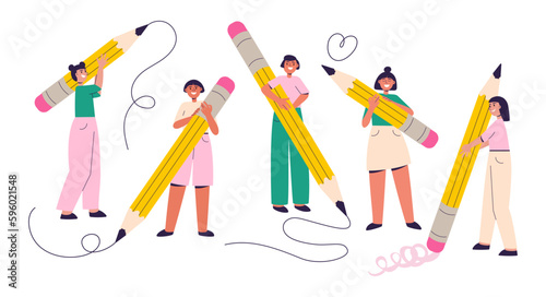 Diverse people holding big pencils. Happy young students, artists, writing, drawing, erasing mistake. Education, creating concept. Back to school. Flat vector illustration