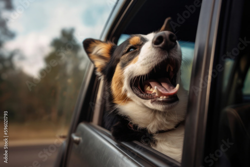 A happy-go-lucky dog riding in the car with its head out the window, enjoying the sunshine and feeling the wind in its fur. AI Generative innovation at its best. © sorapop