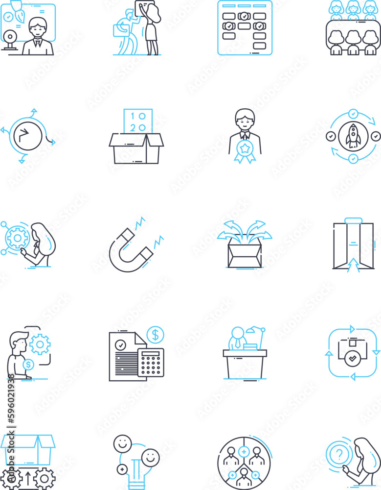 Project kickoff linear icons set. Initiative, Launch, Commencement, Foundation, Beginning, Start, Inception line vector and concept signs. Introduction,Origination,Establishment outline illustrations