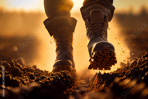 Canvastavla Feet in farm boots walk across a plowed field at sunset