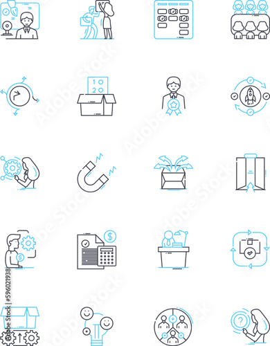 Project kickoff linear icons set. Initiative, Launch, Commencement, Foundation, Beginning, Start, Inception line vector and concept signs. Introduction,Origination,Establishment outline illustrations
