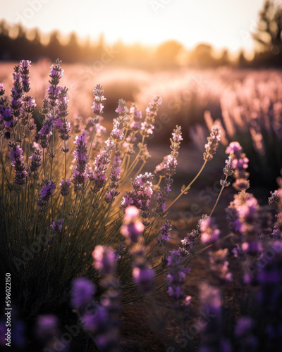 Beautiful lavender flowers at sunset