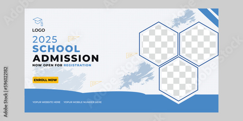 school admission facebook banner design for 2025 with blue and black color, layout, advertising, background, abstract