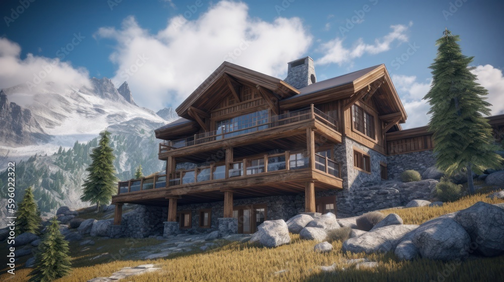 Mountain exterior house design in daytime golden hour generative ai Mountain exterior house design in daytime golden hour generative ai