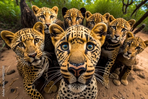 A group of leopards with blue eyes standing in the dirt and taking selfie, created with Generative Ai Technology
