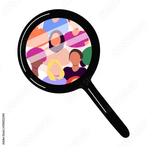 Diverse people under magnifying glass. Candidates, employees, workers. Applying for job, recruitment, hiring concept. Vector illustration isolated on transparent background
