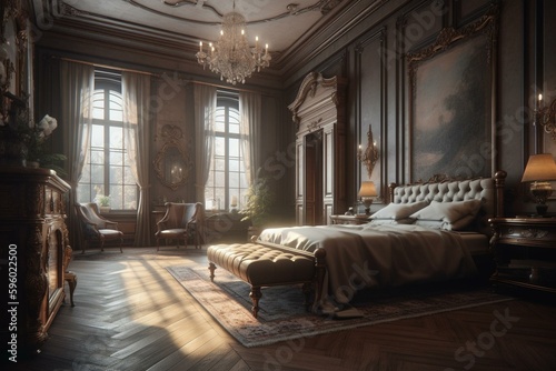 A 3D illustration of an opulent bedroom in the form of a sketch. Generative AI