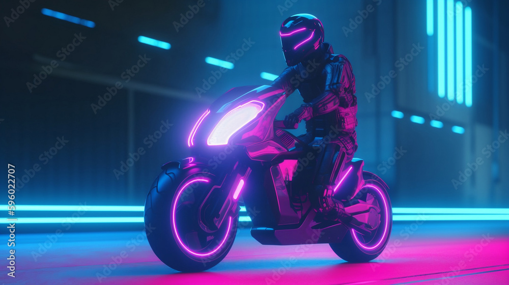 person riding a motorcycle neon blue and pink synthwave 