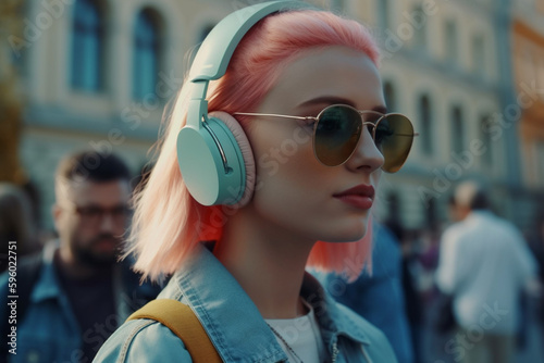 stylish teenager girl listen music on headphones on city street, created with Generative AI Technology © Masson