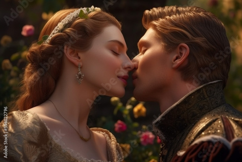 prince and princess kissing in garden, illustration of medieval novel, created with Generative AI Technology