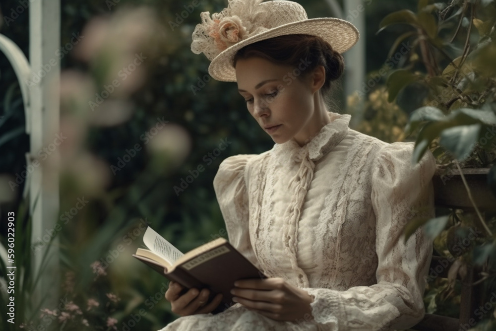 Woman in Victorian epoch style clothes reading novel book in garden, created with Generative AI Technology - obrazy, fototapety, plakaty 