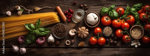 Photo flat lay of food ingredients for italian pasta, tomato, basil, garlic, onion, oil, salt, pepper, spaghetti pasta . Wooden rustic background. Generative AI