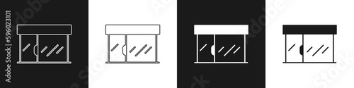 Set Shopping building or market store icon isolated on black and white background. Shop construction. Vector