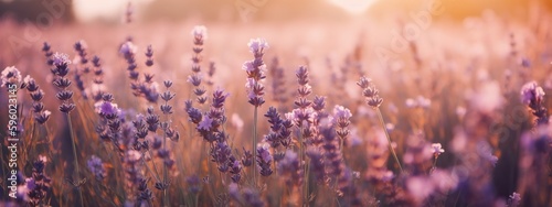Amazing view of blooming lavender flower field in sunny summer day background. Concept web banner image. Generative AI