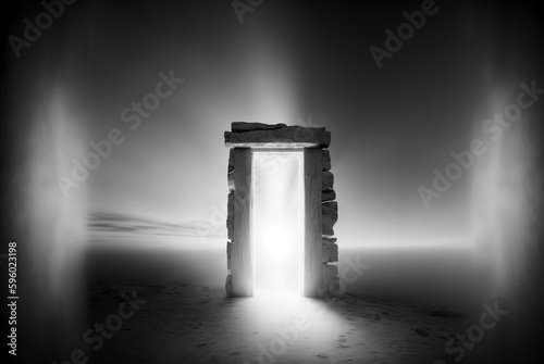 Magic ancient gate of the dark ruins. Black and white background with mystic lightened door. Generated AI.