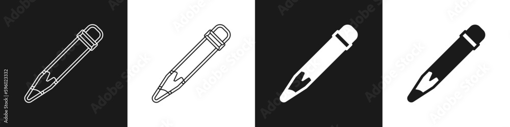 Set Pencil with eraser icon isolated on black and white background. Drawing and educational tools. School office symbol. Vector Set Pencil with eraser icon isolated on black and white background. Drawing and educational tools. School office symbol. Vector