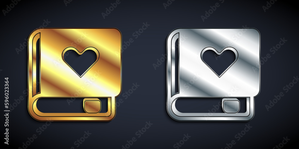 Gold and silver Romance book icon isolated on black background. Long shadow style. Vector Gold and silver Romance book icon isolated on black background. Long shadow style. Vector