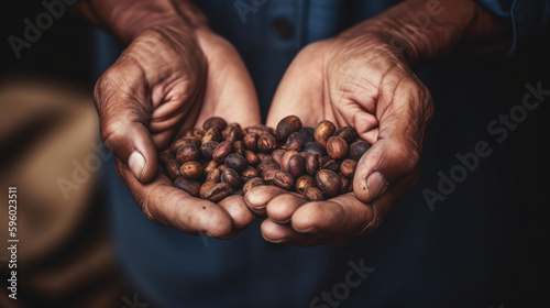 Hands holding roasted coffee beans. Generative AI