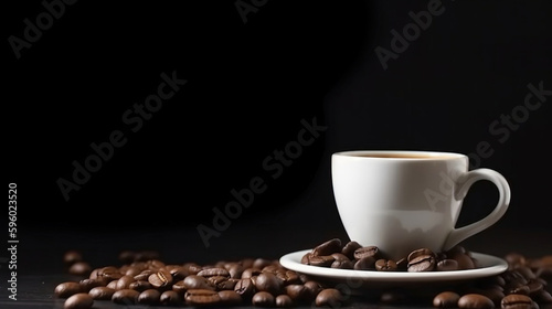 Coffee beans and a cup of coffee on a dark background.generative ai