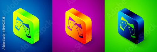 Isometric Glass of beer icon isolated on blue, purple and green background. Square button. Vector