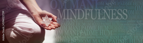 Slika na platnu Merkaba Om Mani Padme Hum Mindfulness Banner - female with open palm holding qua