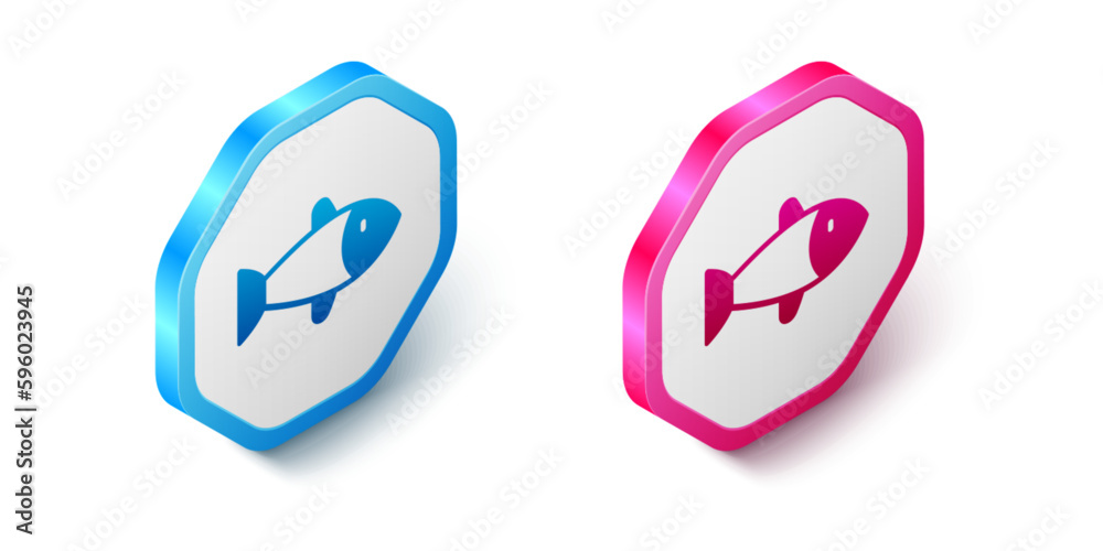 Isometric Fish icon isolated on white background. Hexagon button. Vector Isometric Fish icon isolated on white background. Hexagon button. Vector