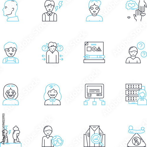 Social awareness linear icons set. Empathy, Tolerance, Compassion, Equality, Diversity, Inclusion, Respect line vector and concept signs. Justice,Kindness,Fairness outline illustrations