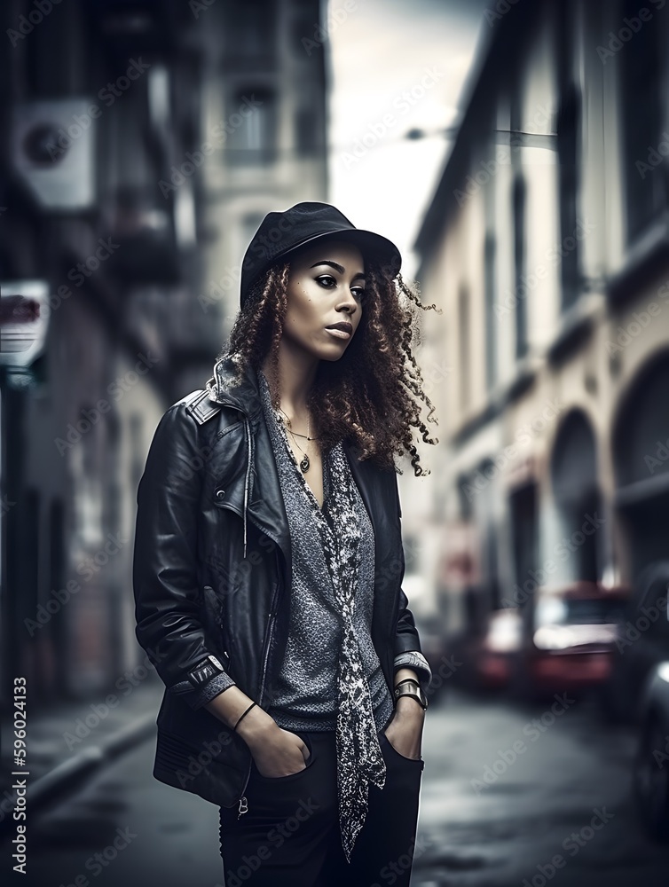 Obraz premium City Chic: Fashionable model posing in trendy urban settings. Generative Ai.