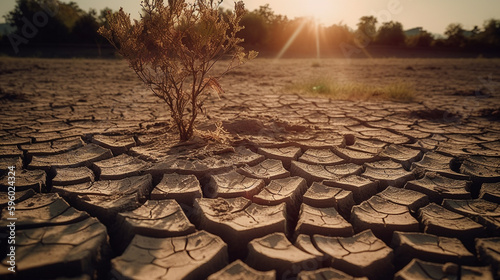 Drought Stricken Lake Bed with Dry, Cracked Soil and Dead Plants - Climate Change and Global Warming Concept - Generative AI