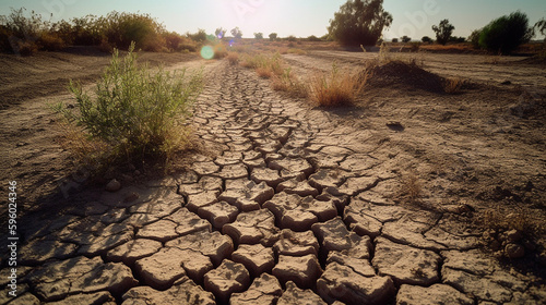 Drought Stricken Lake Bed with Dry, Cracked Soil and Dead Plants - Climate Change and Global Warming Concept - Generative AI