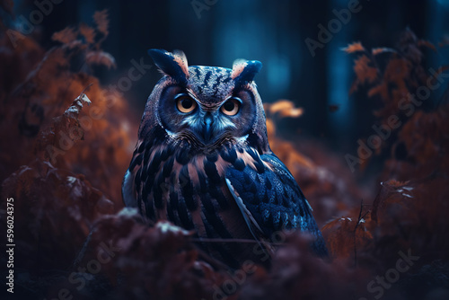 Wild owl in the forest. Colorful realistic style, wildlife element. Generated AI.. © swillklitch