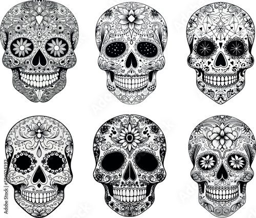 Sugar Skulls Set. Day of the Dead Skull, isolated on white background. Dia de los Muertos. Mexican sugar skull. Design element for logo, emblem, sign, poster, card, banner. Vector illustration. 