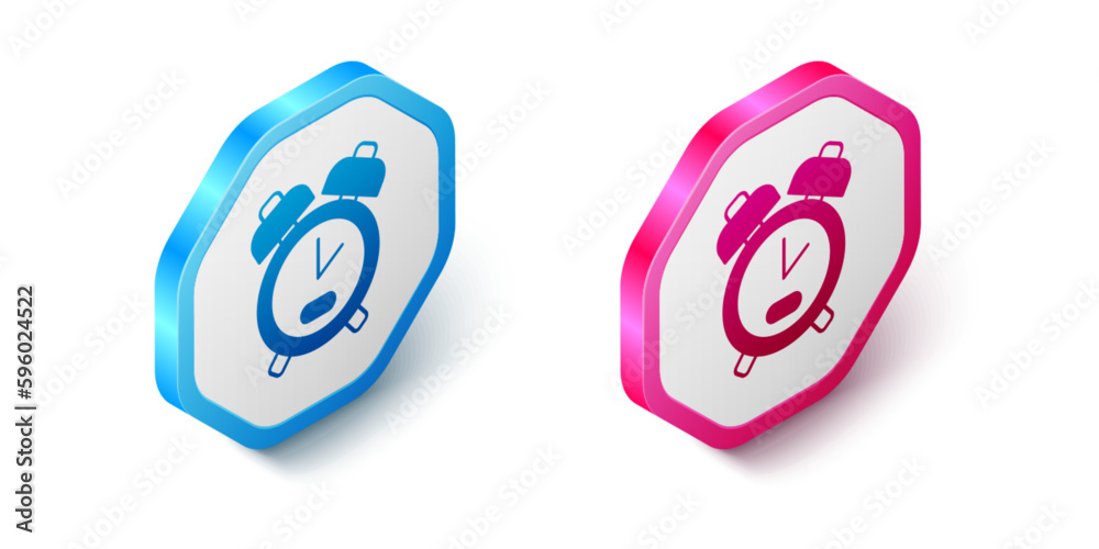 Isometric Alarm clock icon isolated on white background. Wake up, get up concept. Time sign. Hexagon button. Vector Isometric Alarm clock icon isolated on white background. Wake up, get up concept. Time sign. Hexagon button. Vector