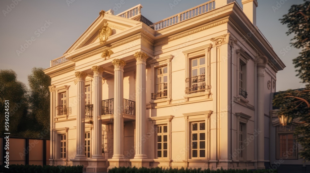 Neoclassical exterior house design in daytime golden hour generative ai